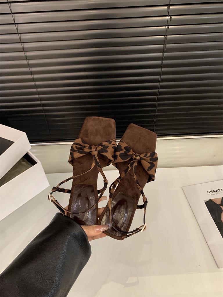 Leopard Print High Heels Bow Word with Sandals Women's Shoes 2025 Summer French with Skirt Thin Strap Roman Shoes