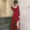 Red Elegant Party Dress Women Spring French Split Designer Midi Dress Female High Street Casual Korean One-piece Dress 2021 New