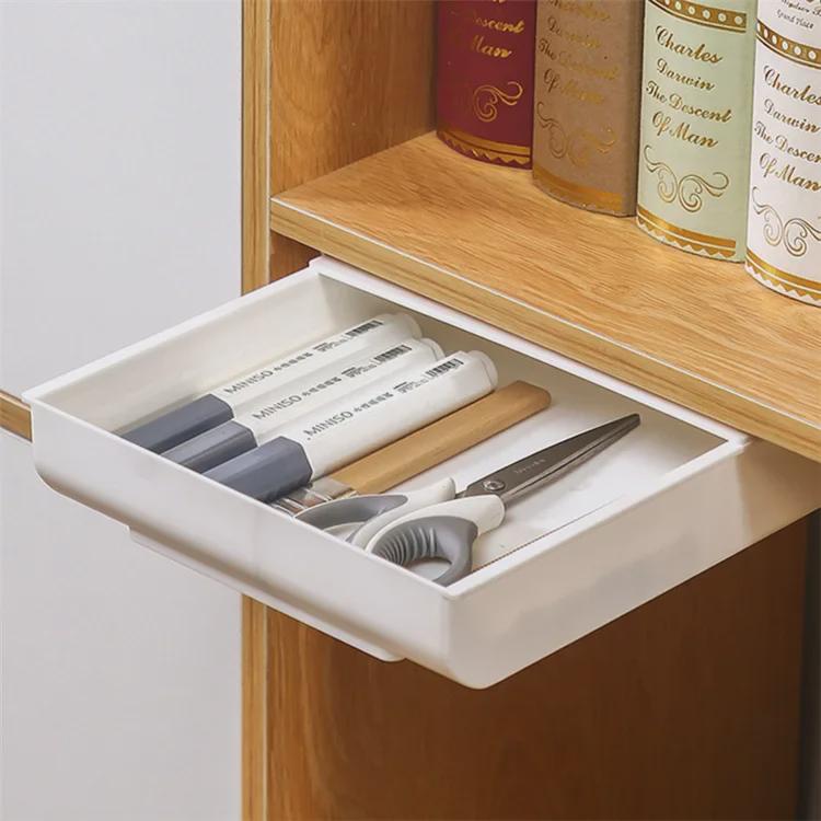 Under-Table Hidden Drawer: Dustproof Sticky Plastic Pull-Out Storage Box for Desktop Sundries