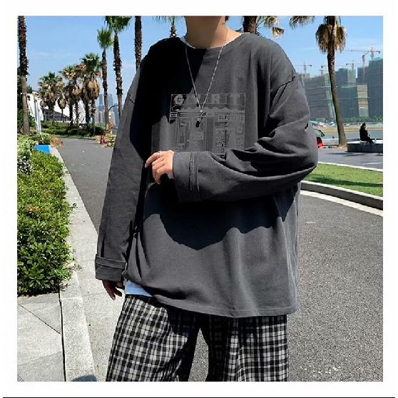 2024 Men's Long-Sleeved T-shirt Autumn Undershirt Long Sleeve Cotton Autumn Hong Kong Style Printing Loose Trendy Top