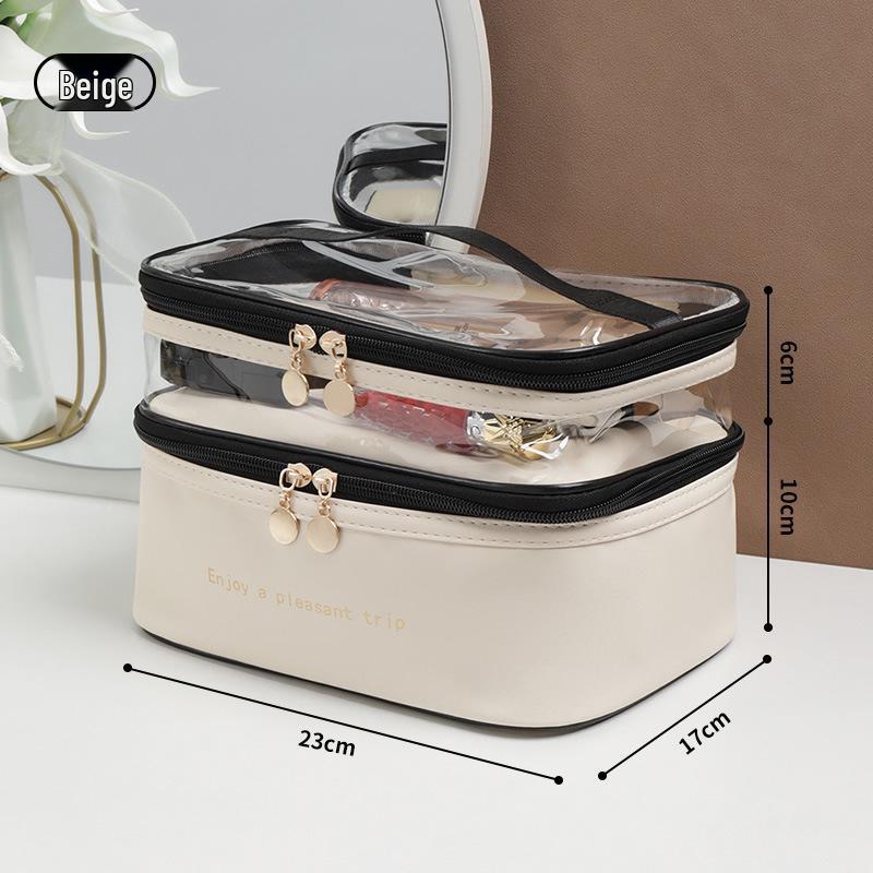 Double-Layer Transparent PU Leather Makeup & Toiletry Travel Bag бежевый