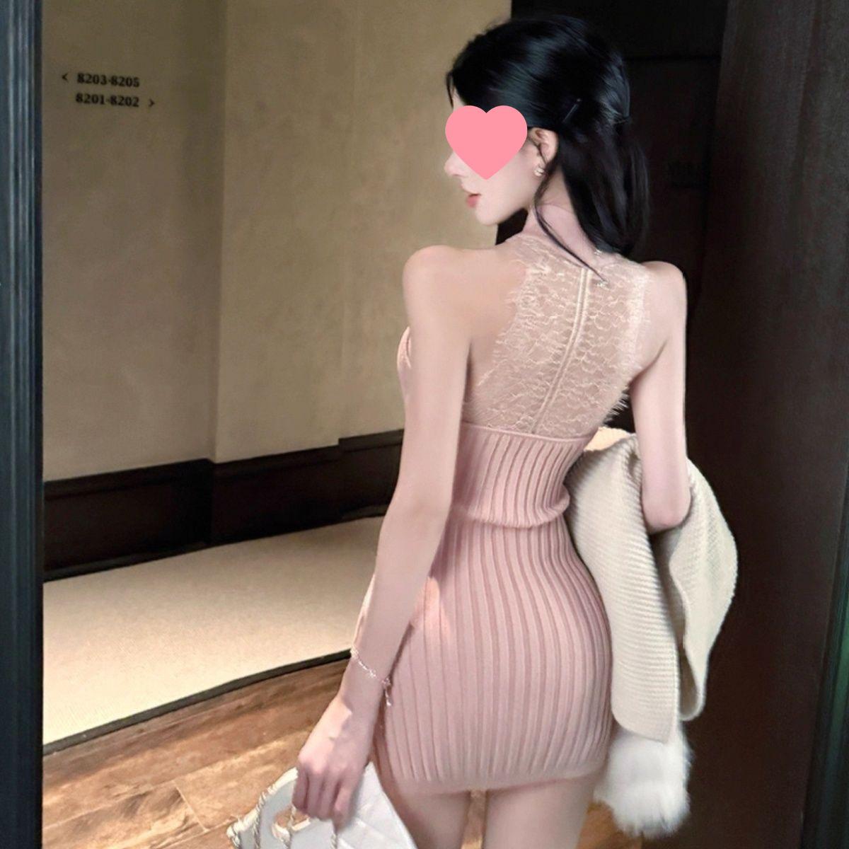 

Black Halter Neck Waist-Cinching Slimming Short Dress - Versatile Evening Wear for Autumn & Winter S