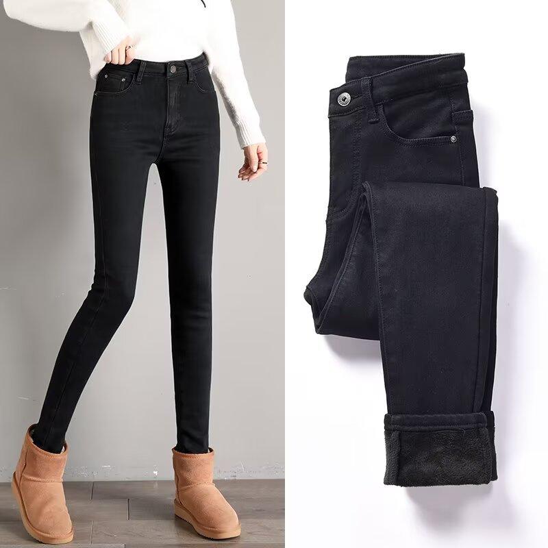 Fleece and thickened jeans women's new winter high-waisted thin elastic outer wear tight pants