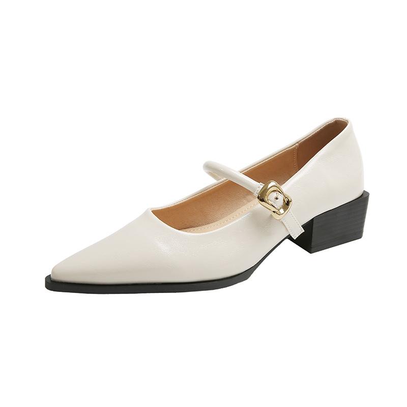 

Pointed small leather shoes women s 2025 new spring and autumn summer thick heels low heels high heels retro French Mary Jane single shoes 40 бежевый