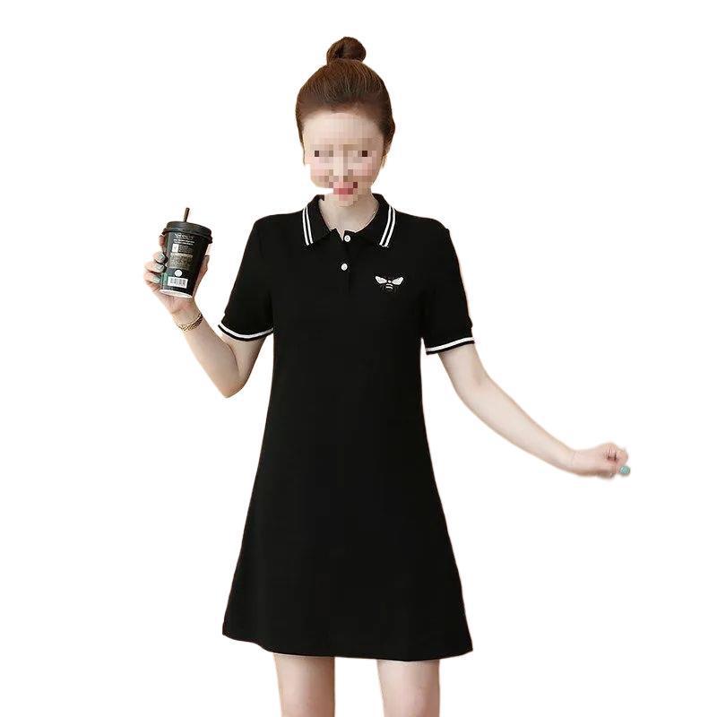 Women's Summer Embroidered Color Block Polo Dress - Plus Size Slimming A-line Midi Skirt