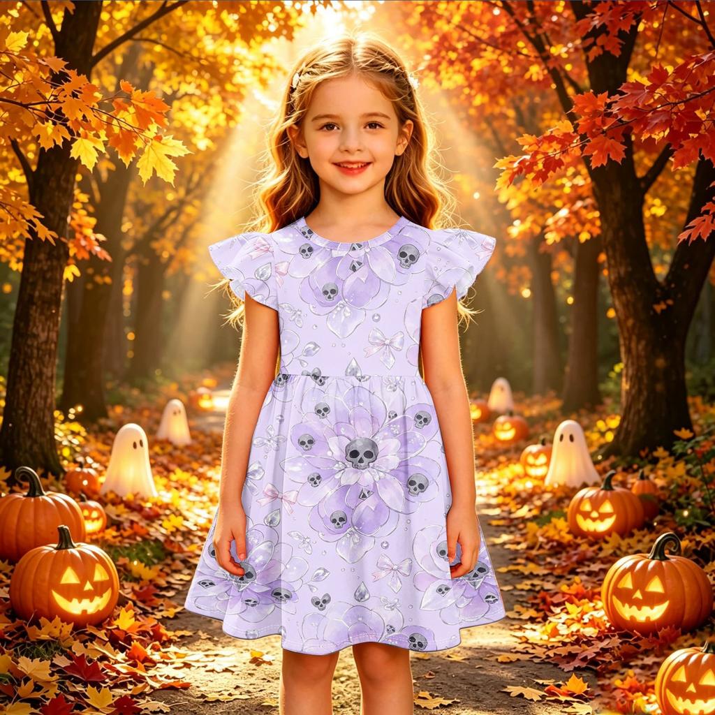 Kids Casual Halloween Printed Sleeve Dress for Party and Holiday