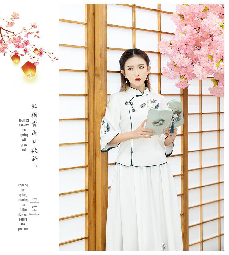 Women's Ethnic Zen Tea Art Embroidered Dress - Vintage Pan Buckle Top with Midi Skirt and Seven-Sleeve Design for Spring/Summer