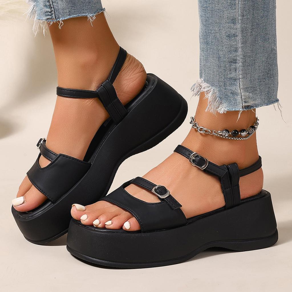 Women's Sandals Outside the Summer of 2025, the New Silver Square Head Wedge Heel Muffin Bottom One-word Buckle with Retro Roman Shoes
