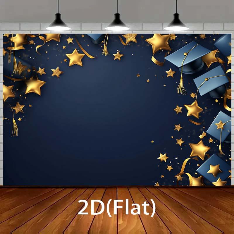 2D Plane Graduation Theme Background Fabric Decorated with Golden Stars and Graduation Cap Patterns Polyester Fiber