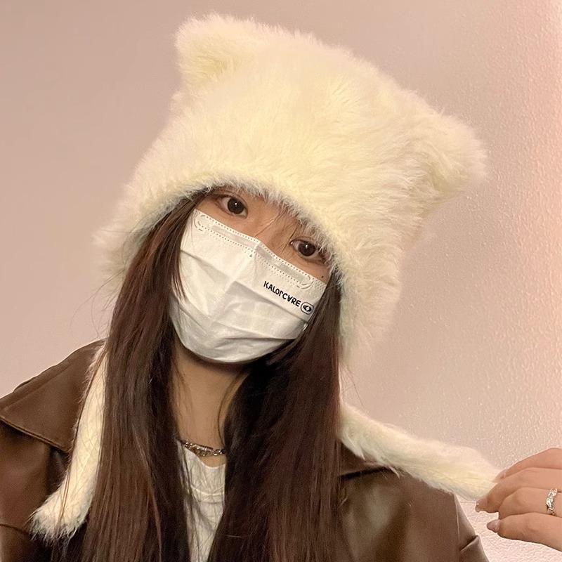 Autumn and winter Internet celebrity cute plush bear hat female plush thickened warm imitation rabbit hair windproof ear protection headhat