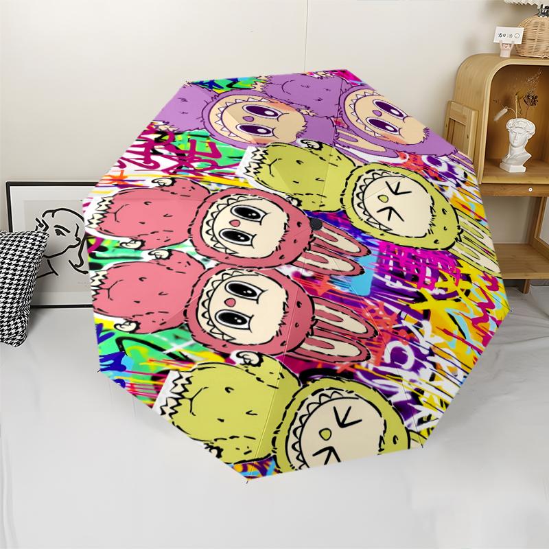 Labubu1 Print Automatic Umbrella, 8 Rib Iron Frame, Plastic Handle, Suitable for Outdoor Travel &Daily , Ideal Gift