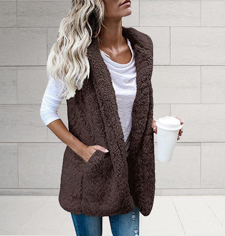 Damen Weste Eleganter Stil Einfarbige Ärmellose Fleeceweste mit Kapuze Mittellange Weste mit Taschen Herbst Winter Übergröße