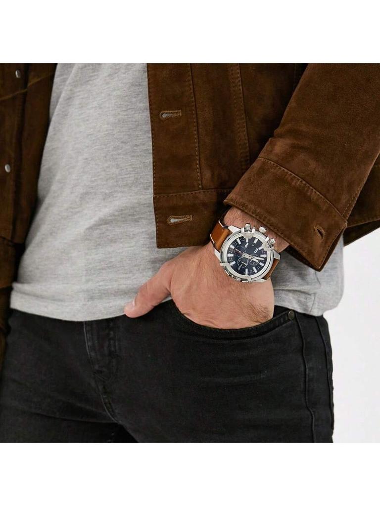 Diesel  Griffed Men’s Chronograph Watch – 48 mm Stainless Steel Case, Sunray Dial with Stick Indexes,Leather Strap – DZ4518