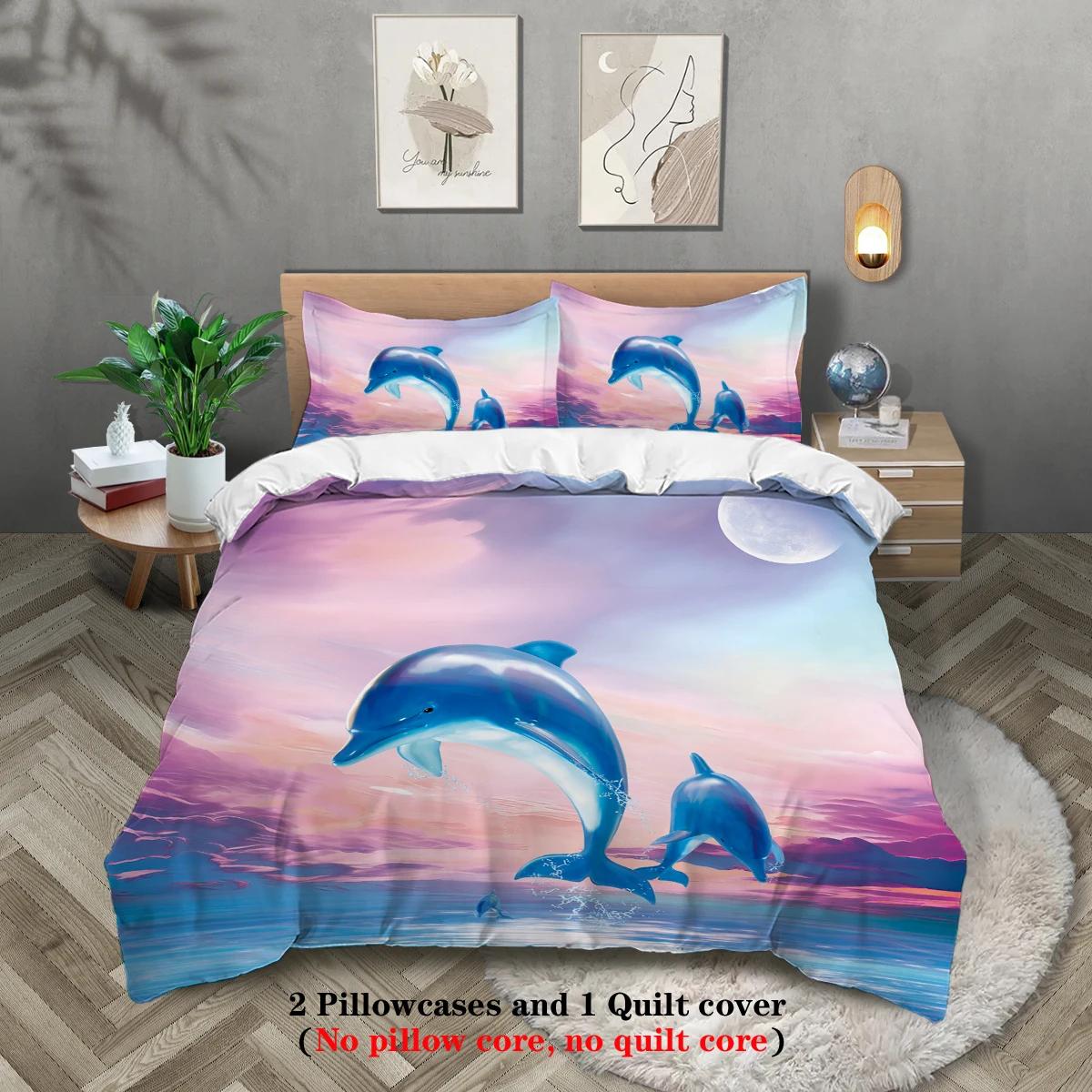 

3-piece set, cartoon dolphin pattern printed bedding set, queen, king, double bed, for bedroom, guestroom, hotel EU Twin(135x200cm)