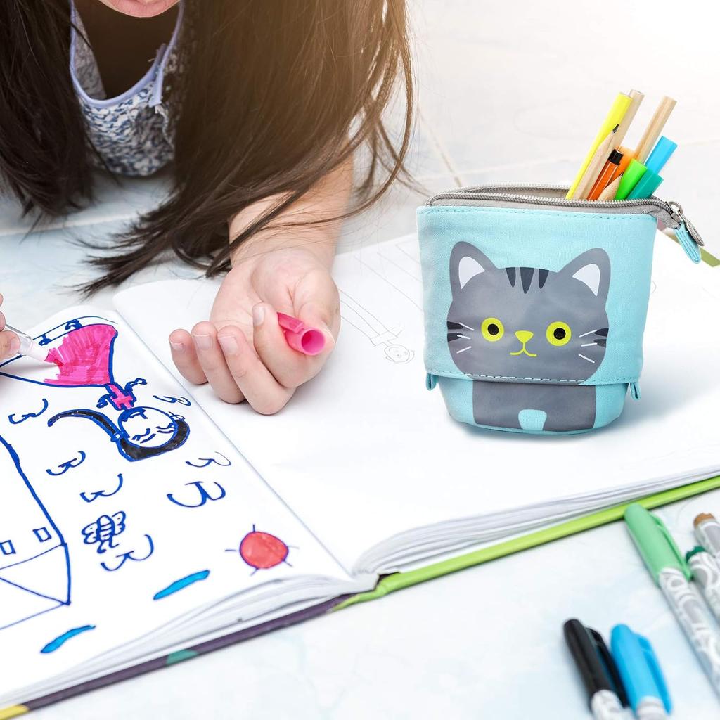Zonon 4 Pieces Standing Pencil Case Cat Print Telescopic Pencil Case Telescopic Pencil Pouch Holder Canvas PU Cartoon Organizer Portable Pencil Bag