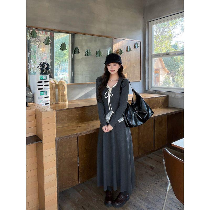Korean-Style Faux Two-Piece Lace Patchwork Set for Women, Spring and Autumn, Plus-Size, Petite, Three-Piece Outfit with Skirt