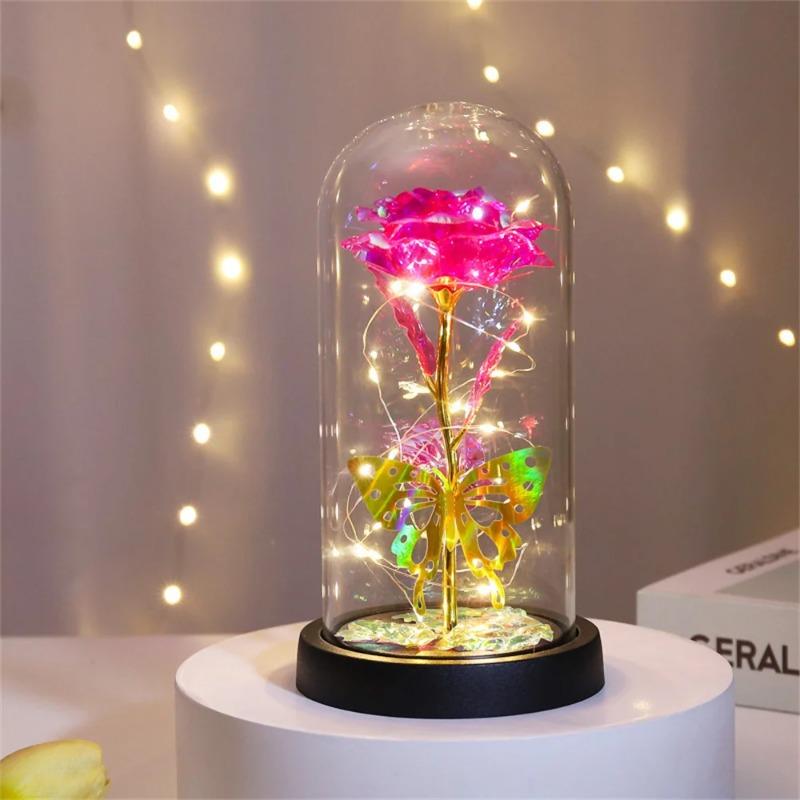 Galaxy Rose Lamp with Butterfly & Colorful LED Lights Artificial Rose in Glass Dome Battery Powered Romantic Gift for Wedding Home Decor