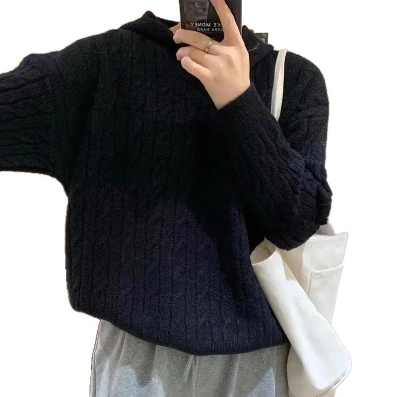 Women's Hooded Sweater Loose Knitted Top Autumn and Winter Solid Color Pullover Sweater