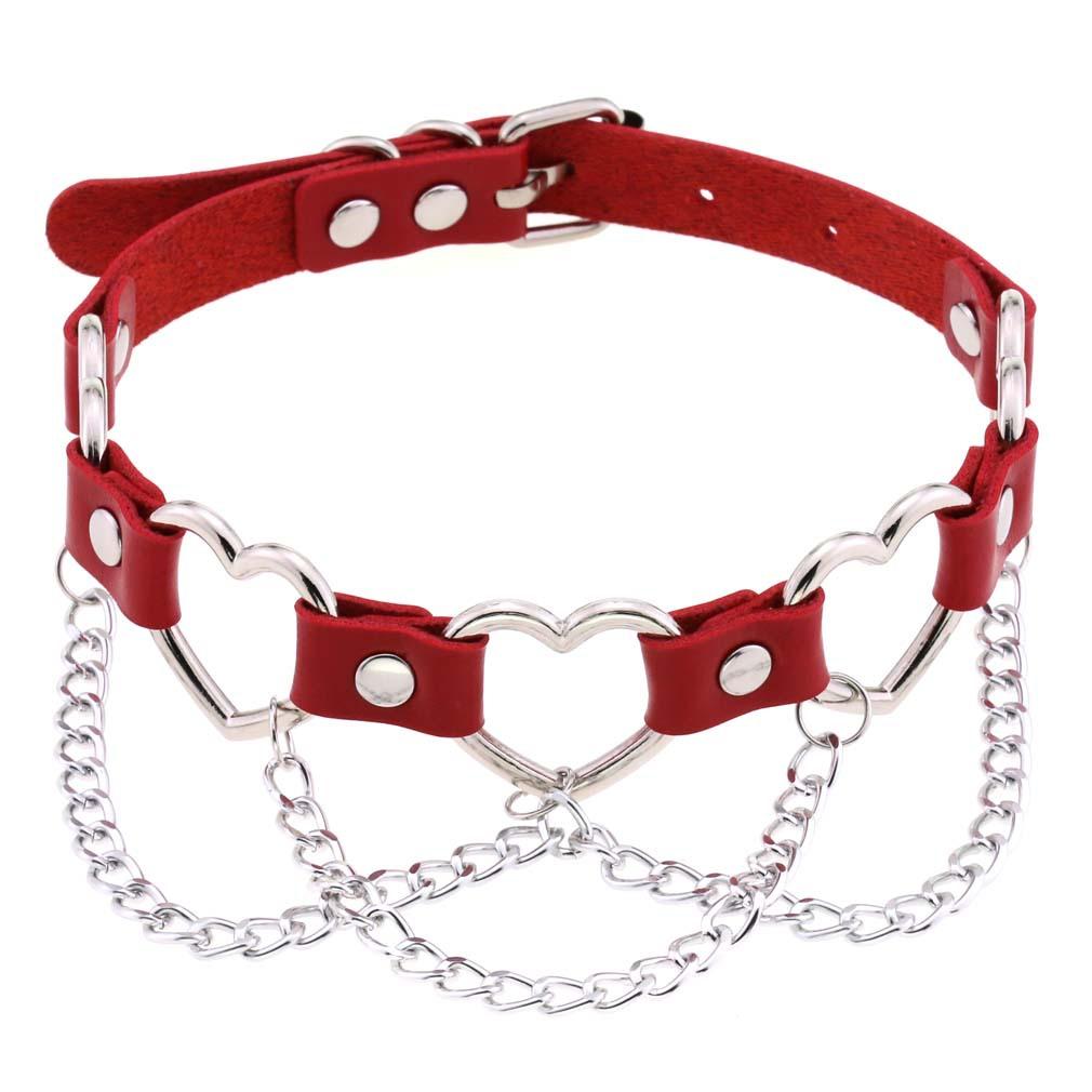 Red Leather Spiked Choker Punk Collar Women Men Bat Heart Chocker Chunky Necklace Goth Jewelry Metal Gothic Emo Accessories