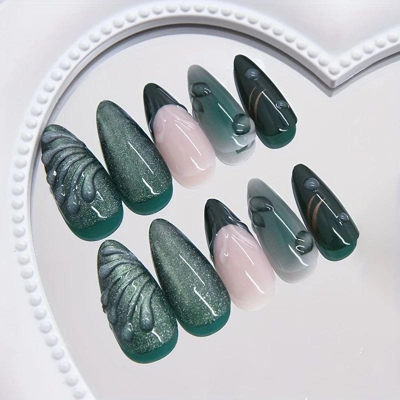 24 Pieces Of Manicure, Dark Green Retro Cat S Eye 3D Three-Dimensional Relief Lines, Almond Wearing Armor Jelly glue + rubbing strips