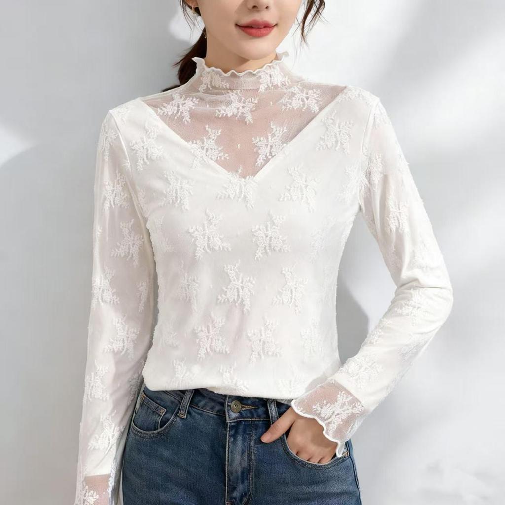 Women's High-End Lace Base Layer Top, Autumn/Winter, Velvet Warmth, Mesh Jacquard Collar, Slightly Sheer, Stylish Design