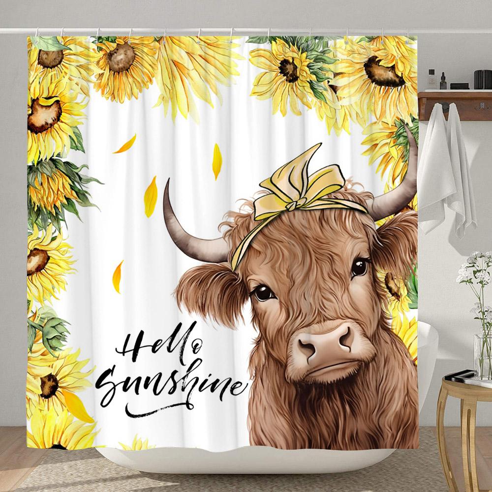 Highland Cow Shower Curtain Farmhouse Funny Bull Rustic Western Watercolor Spring Florral Cute Animal Plant Kids Bathroom Decor