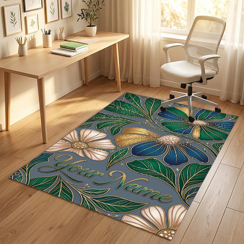 Floral Art Nouveau Theme Soft Crystal Velvet Rug Custom Name & Text Print Non Slip Floor Rug for Bedroom Living Room