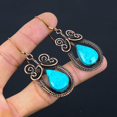 Wunderschöne tibetische türkisfarbene Edelstein-Ohrringe aus reinem Kupferdraht, handgefertigt, zierliche Ohrringe für Sie