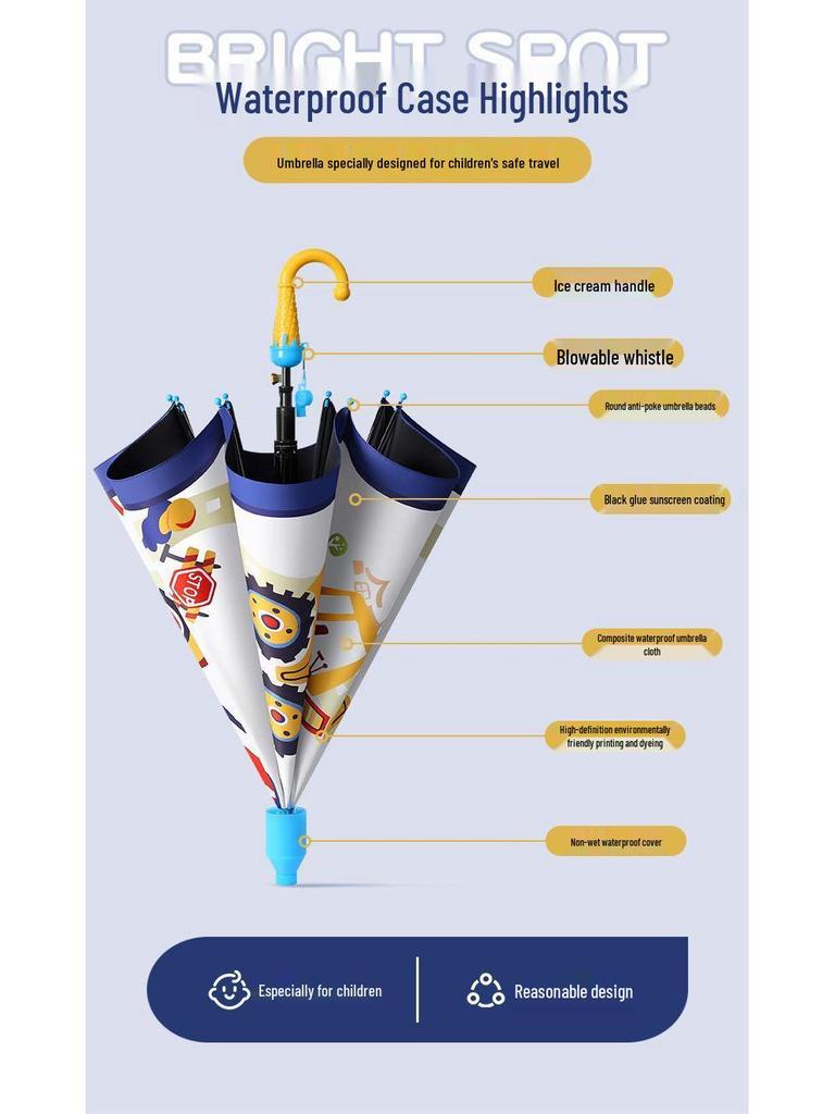 Kids' Cute Cartoon Umbrella - Rounded Corners, Dual-Use for Sun & Rain, Super Light Long Handle.