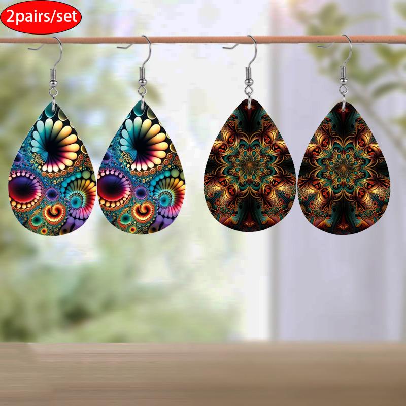 Bohemian Style Colorful Kaleidoscope Mandala Pattern Tears Earrings Lightweight Fashion Waterdrop Shape PU Leather Earrings