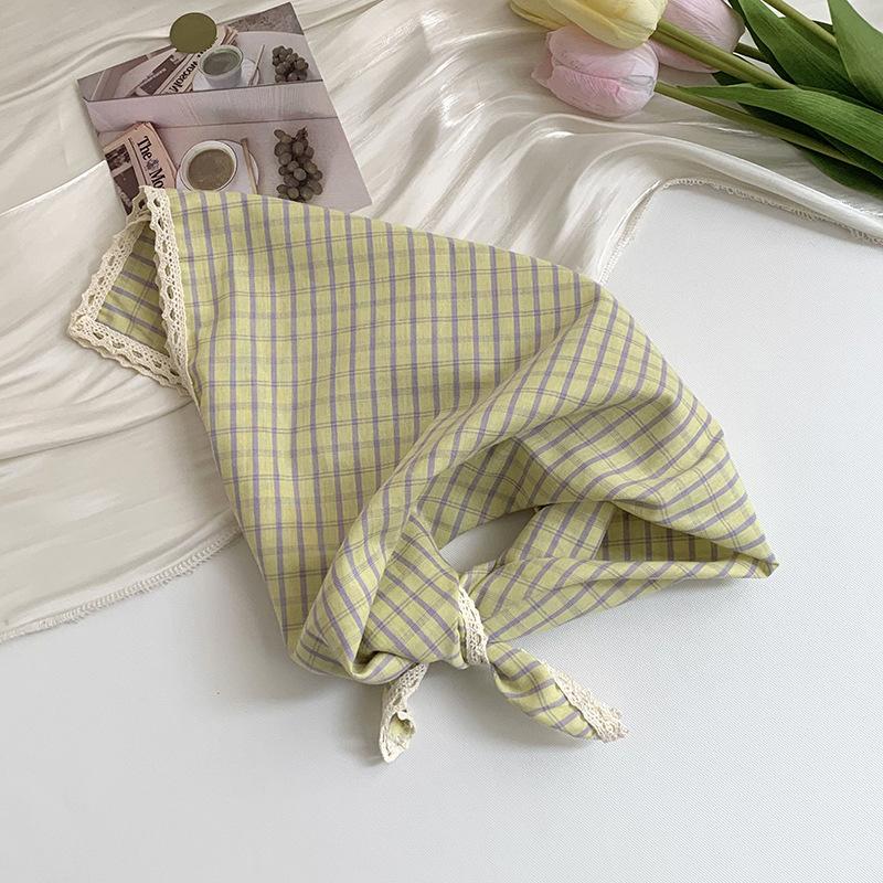 Silk scarf neck small square scarf plaid lace edge versatile fashion scarf headscarf summer women pastoral silk scarf headband