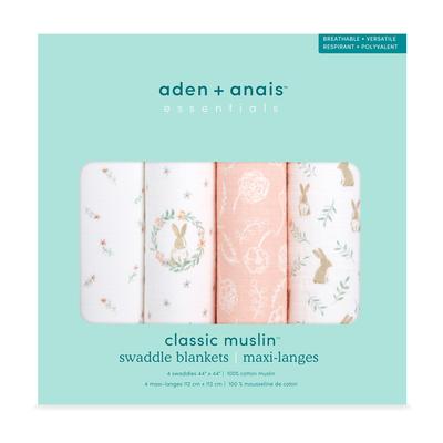 Aden Anais Essentials and Anai Genuine Baby Gift Baby Gift Swaddle Set of 4 Newborns Night Crying Prevention Blushing Bunnies Swaddles BOX ESWC40023 +