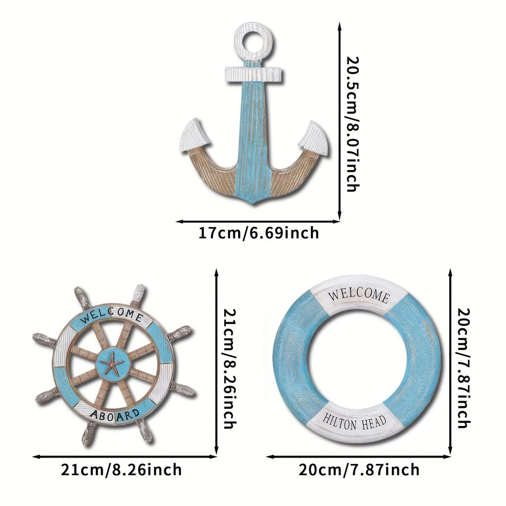 1 Set of Nautical-Themed Home Decor Wooden Anchors, Helms, and Lifebuoys Ocean-Themed Wall Hanging Decorations Indoor Nautical Decor Can Be Used