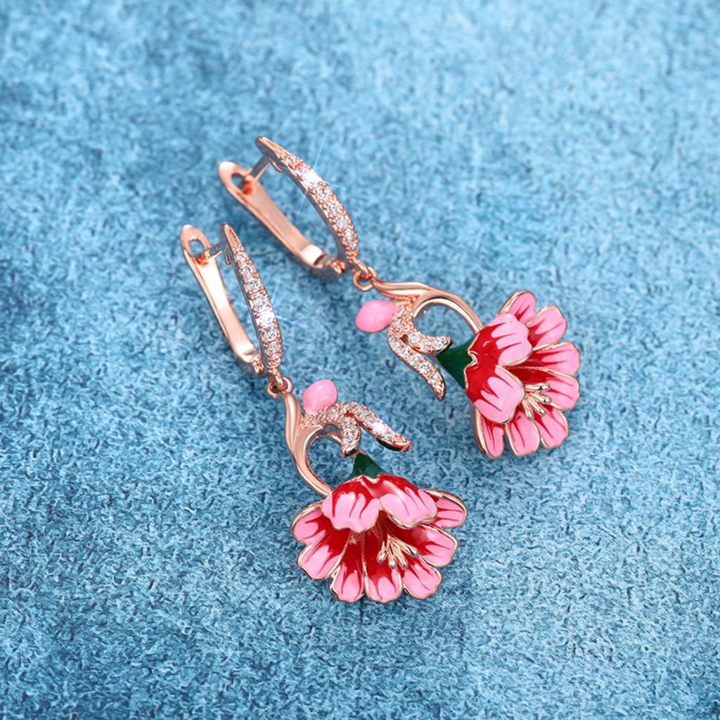 Rose Gold Tone Pink Enamel Flower Drop Earrings for Women Sparkly Accent Floral Dangle Earrings Elegant Nature Inspired Jewelry