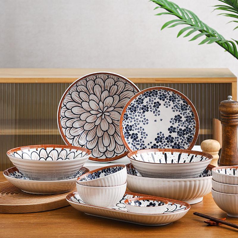 Bamboo Woven Japanese Ceramic Dishes, Dishes, Tableware Creative Retro Household Dishes, Dishes, Underglaze Colored Bowls, Dishes Set