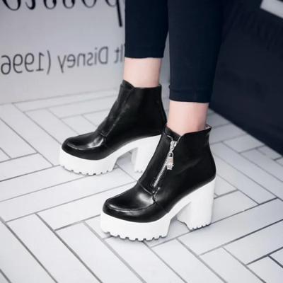 Stivaletti con plateau neri e bianchi da donna con tacchi alti, stivali da donna con cerniera, stivaletti autunnali e invernali, stivali da donna, scarpe da donna