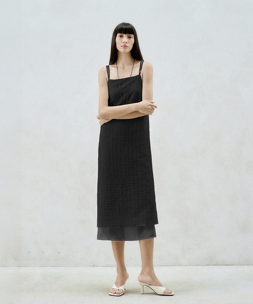 Rie Checked-Chiffon Layered Midi Dress Black