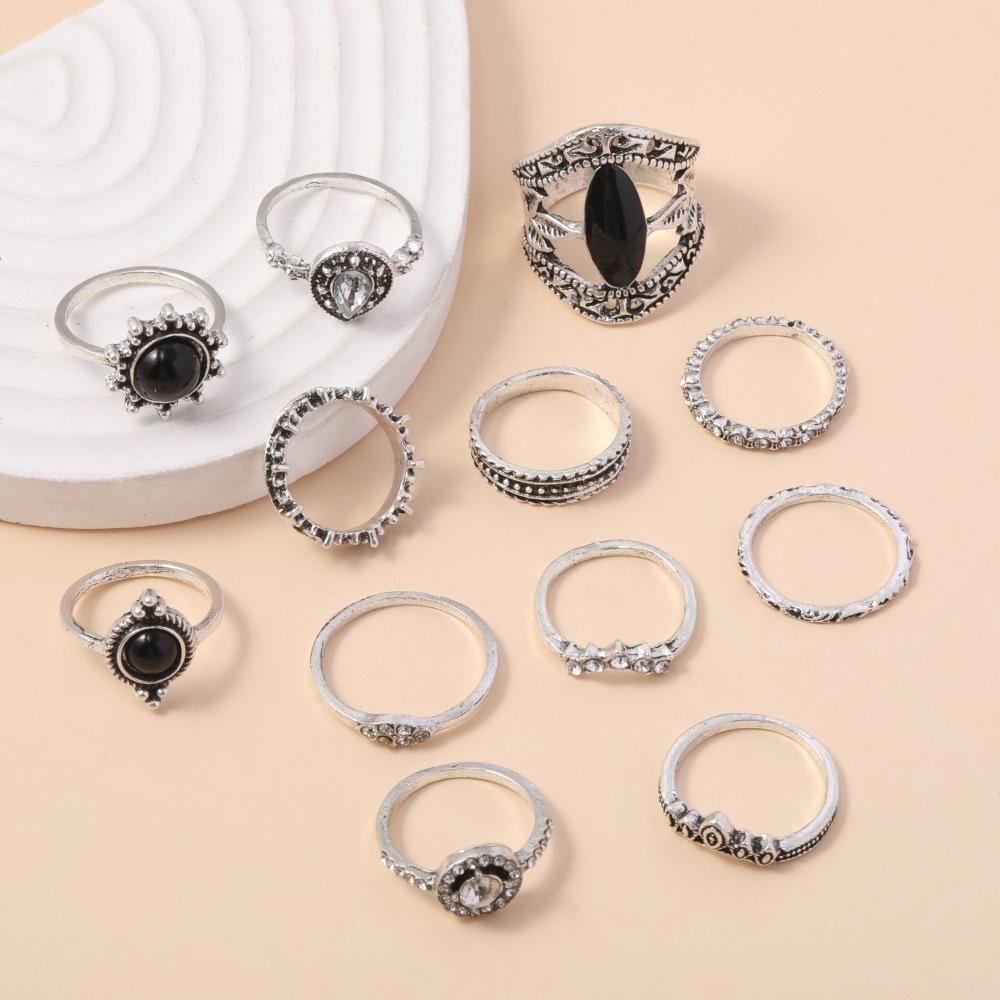 Ring, Retro And Old Point Diamond, Black Gemstone 12-Piece Set, Ring Alloy Jewelry.