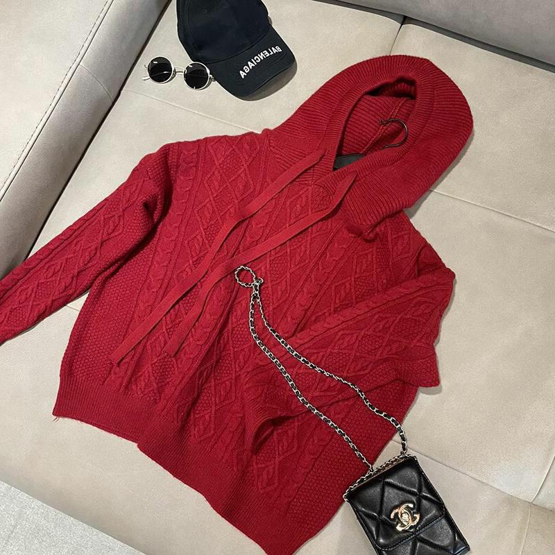 Knitted Hooded Sweaters for Women Classic Solid Knitted Pullover Oversized Fall Winter Casual Knitwear Sweatshirt