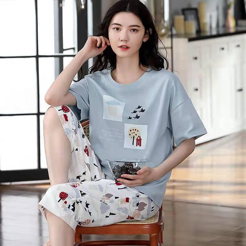 Korean Style Women's Summer Pajama Set – Imitation Cotton, Short Sleeve, Capri Pants, Thin, Cute, Plus Size