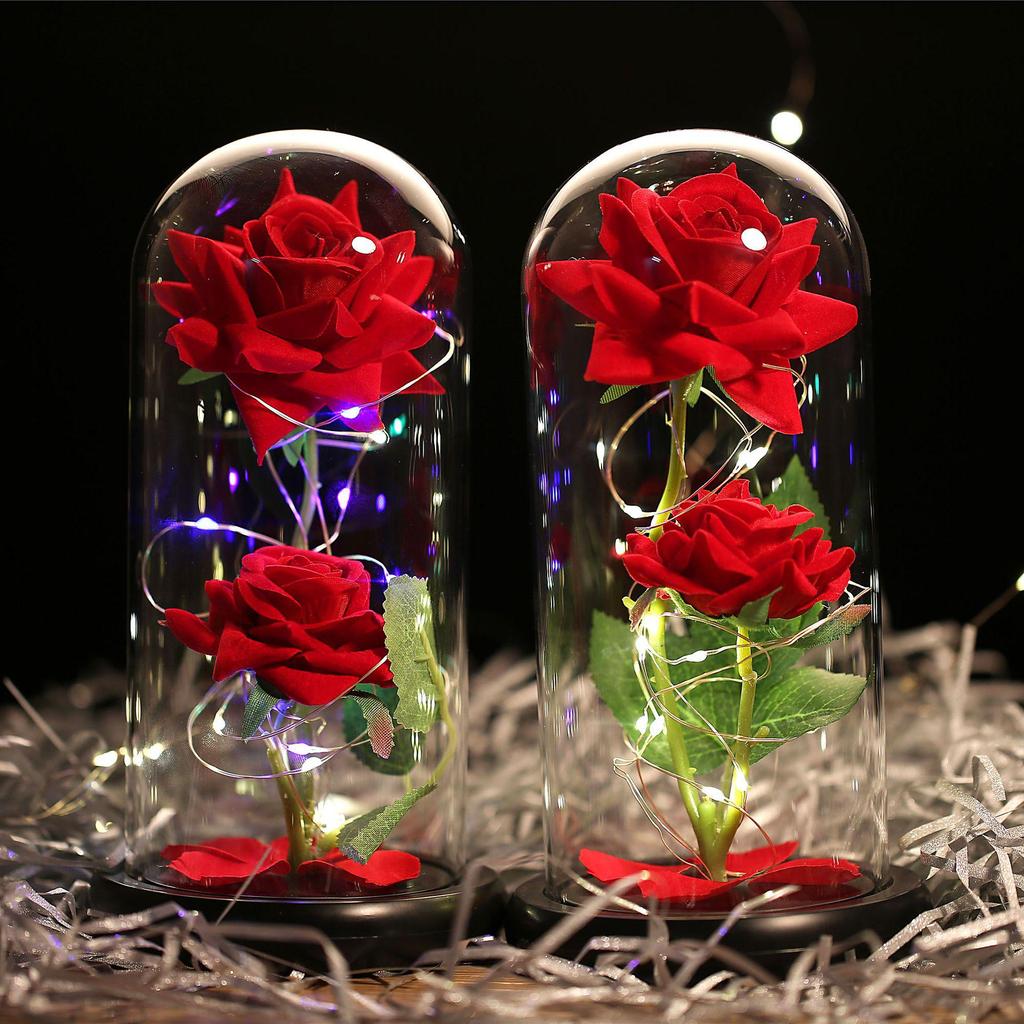 Glaskuppel Rose mit Lichtern - Kreatives Geschenk zum Frauentag und Nachtlicht-Ornament