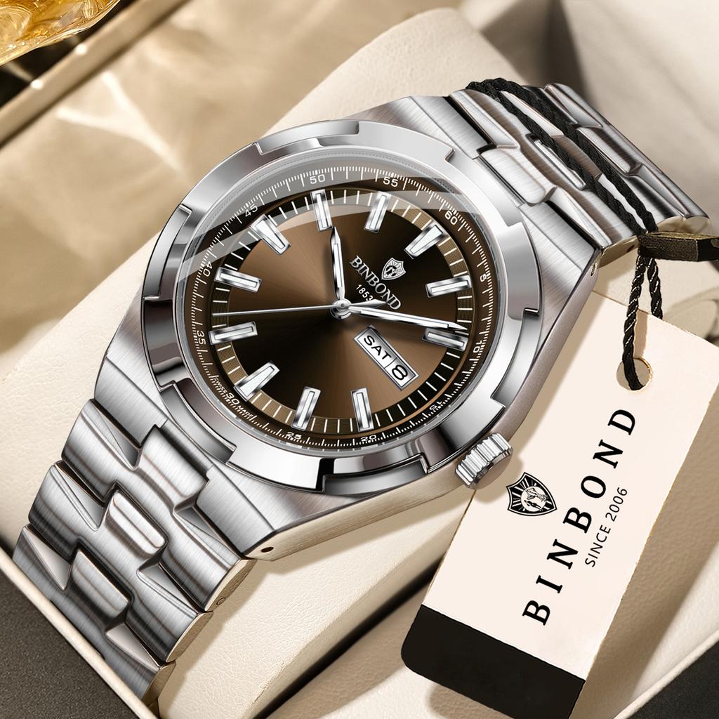 BINBOND Sturdy Waterproof Quartz Watch For Men Luxury Auto Date Week Display Luminous Precise Men's Watches Orginal Reloj