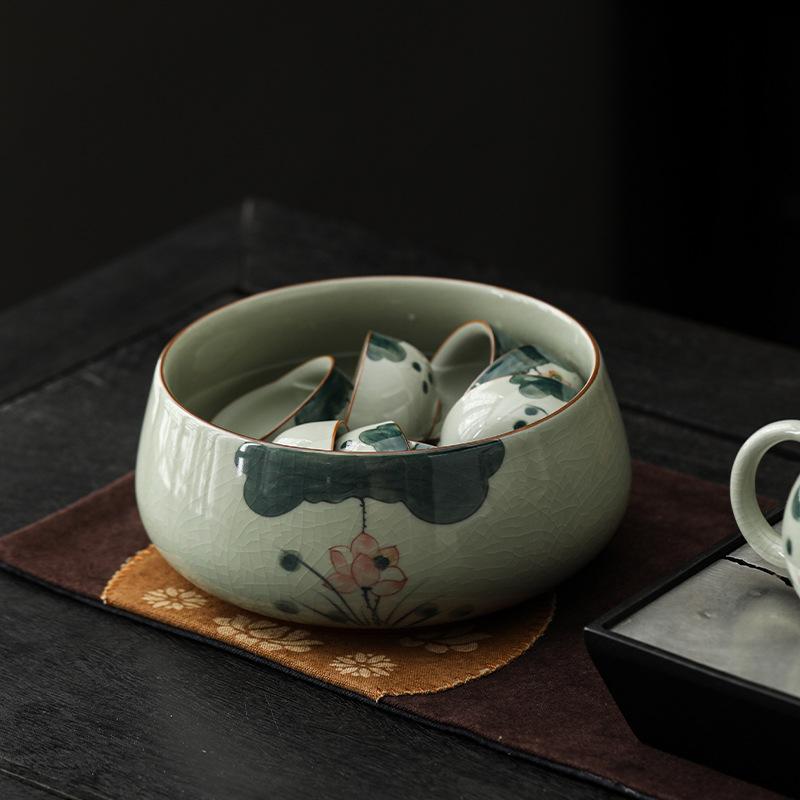 Glazed Hand-Painted Ge Kiln Jianshui Ceramic Extra Large Tea Washing Tea Residue Tank Water Tank Household Tea Set Tea Cup Washing Storage Bowl