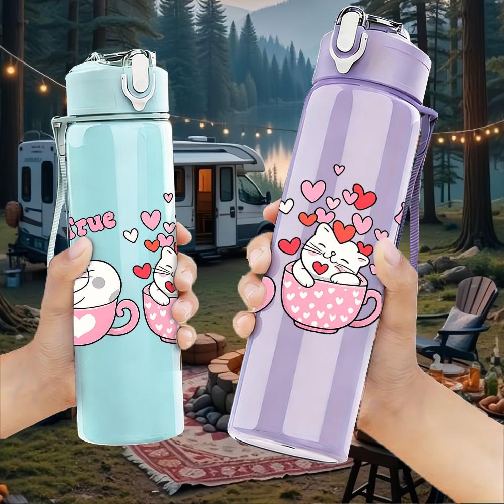 1PC Cute Tea Cup Cartoon Print 750ml Color Plastic Sports Water Bottle Leakproof Flip Straw Lid Suitable for Sports Office Home Use