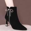2024 Brand Shoes for Women Zipper Winter Women's Boots Pointed Toe Flock Plush Butterfly-knot Sequins High Heels Fashion Boots