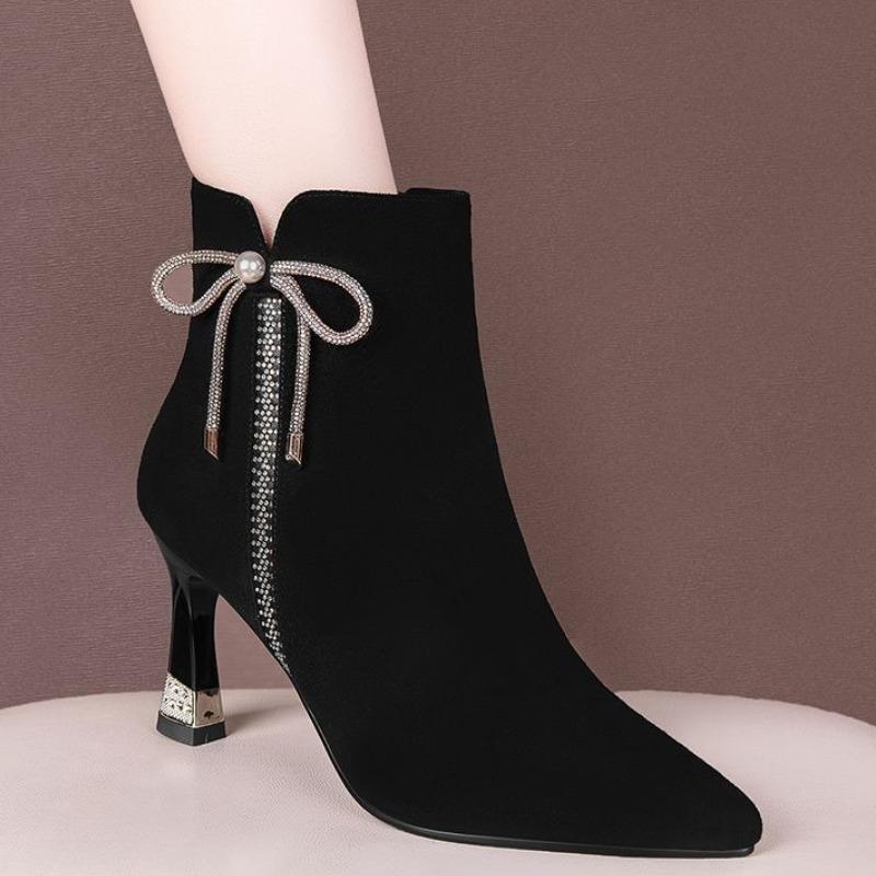 2024 Brand Shoes for Women Zipper Winter Women's Boots Pointed Toe Flock Plush Butterfly-knot Sequins High Heels Fashion Boots