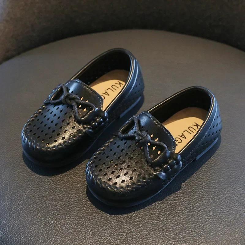 

Kids Fashion Casual Shoes Slip-on Boys Flats Solid Color 2025 New Hot Soft Breathable Simple Non-slip PU Hollow Children Loafers 21 чорний