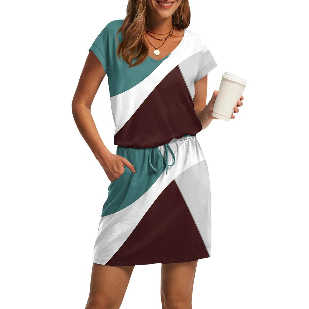 Rochii Casual de Damă la Modă cu Gât în V, Mânecă Scurtă, Șnur cu Buzunar, Imprimate