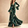 Women's Floral Print V-Neck Long Bell Sleeve Evening Dress with Cinched Waist and Flared Hem