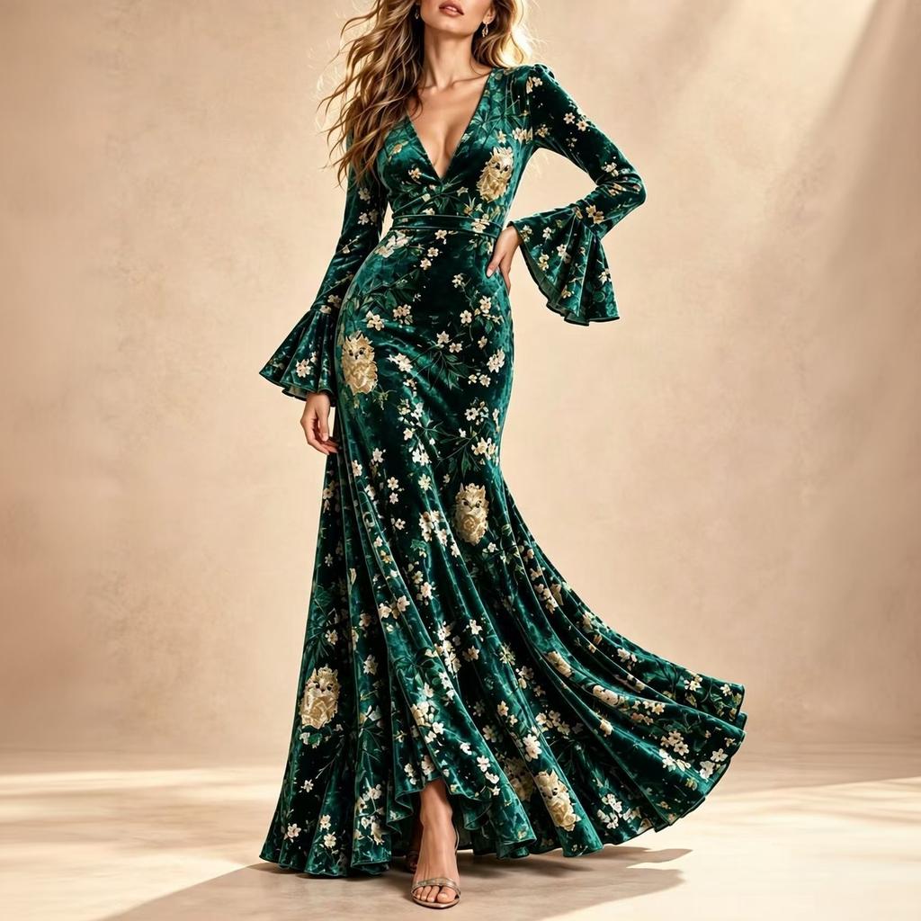 Women's Floral Print V-Neck Long Bell Sleeve Evening Dress with Cinched Waist and Flared Hem